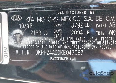 2019 Kia Forte Lxs from USA, damaged, VIN 3KPF24AD0KE047567